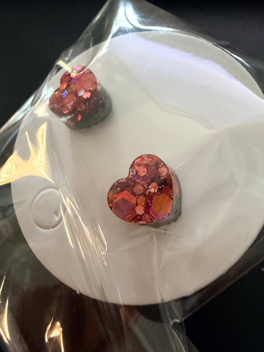 Handmade Black & Rose Gold Glitter Heart Earrings – Cute Resin Studs for Everyday Wear”