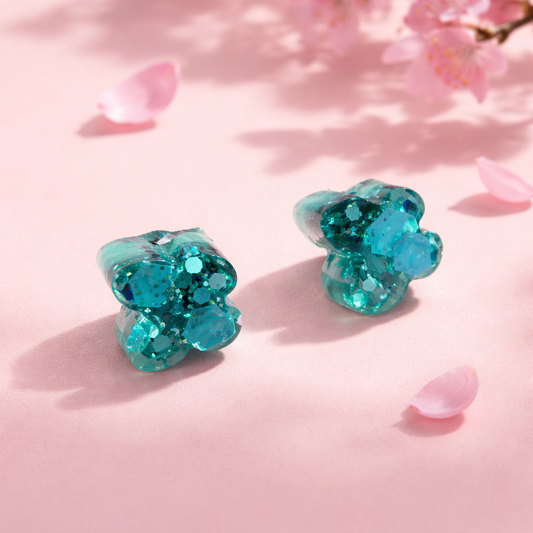 Handmade Resin Butterfly Stud Earrings - Teal Glitter