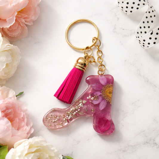 Personalized Floral Resin Initial Keychain – Custom Gold Foil & Tassel Letter Accessory