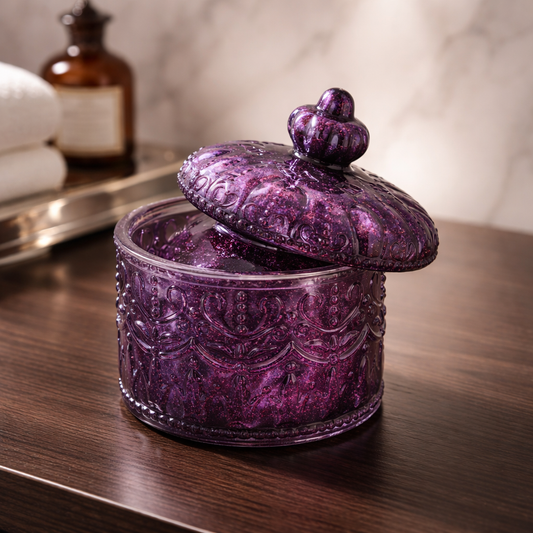 Vintage-Inspired Amethyst Glitter Glass Vanity Jar with Decorative Lid