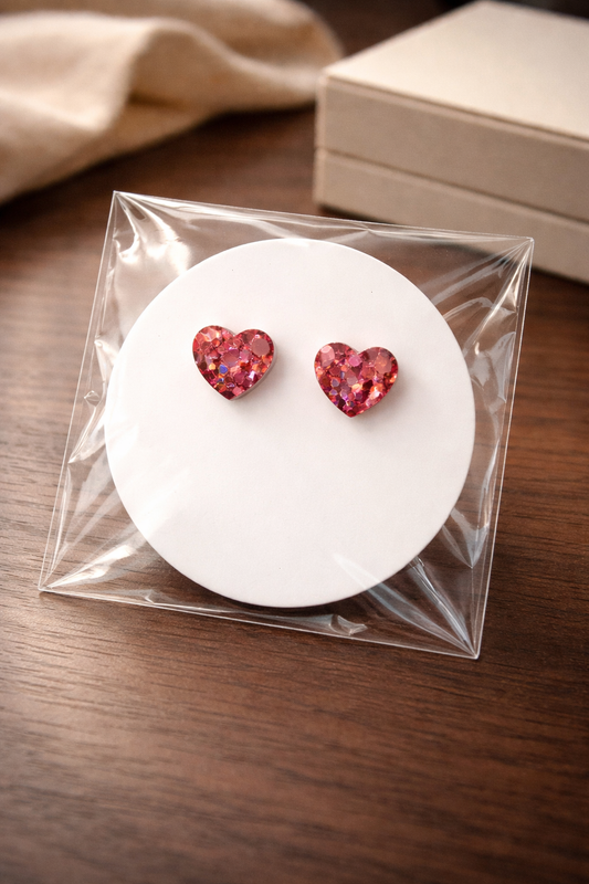 Handmade Black & Rose Gold Glitter Heart Earrings – Cute Resin Studs for Everyday Wear”