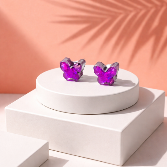 Handmade Resin Butterfly Stud Earrings - Pink Glitter