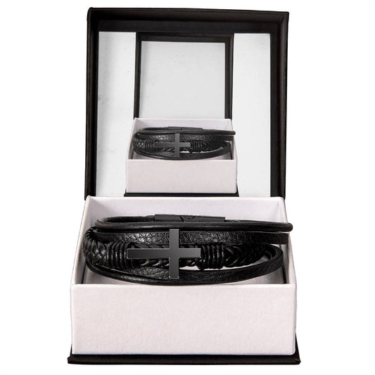 Sleek Black Leather Cross Bracelet – Men's Jewelry